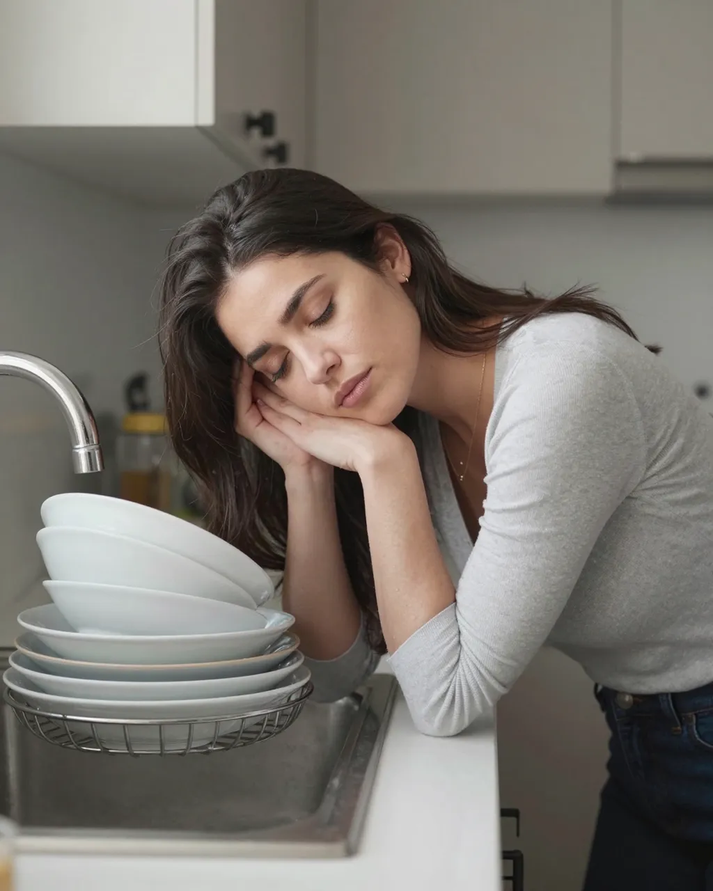 Tired woman with closed eyes rests her head on her hands next to a sink full of stacked dishes