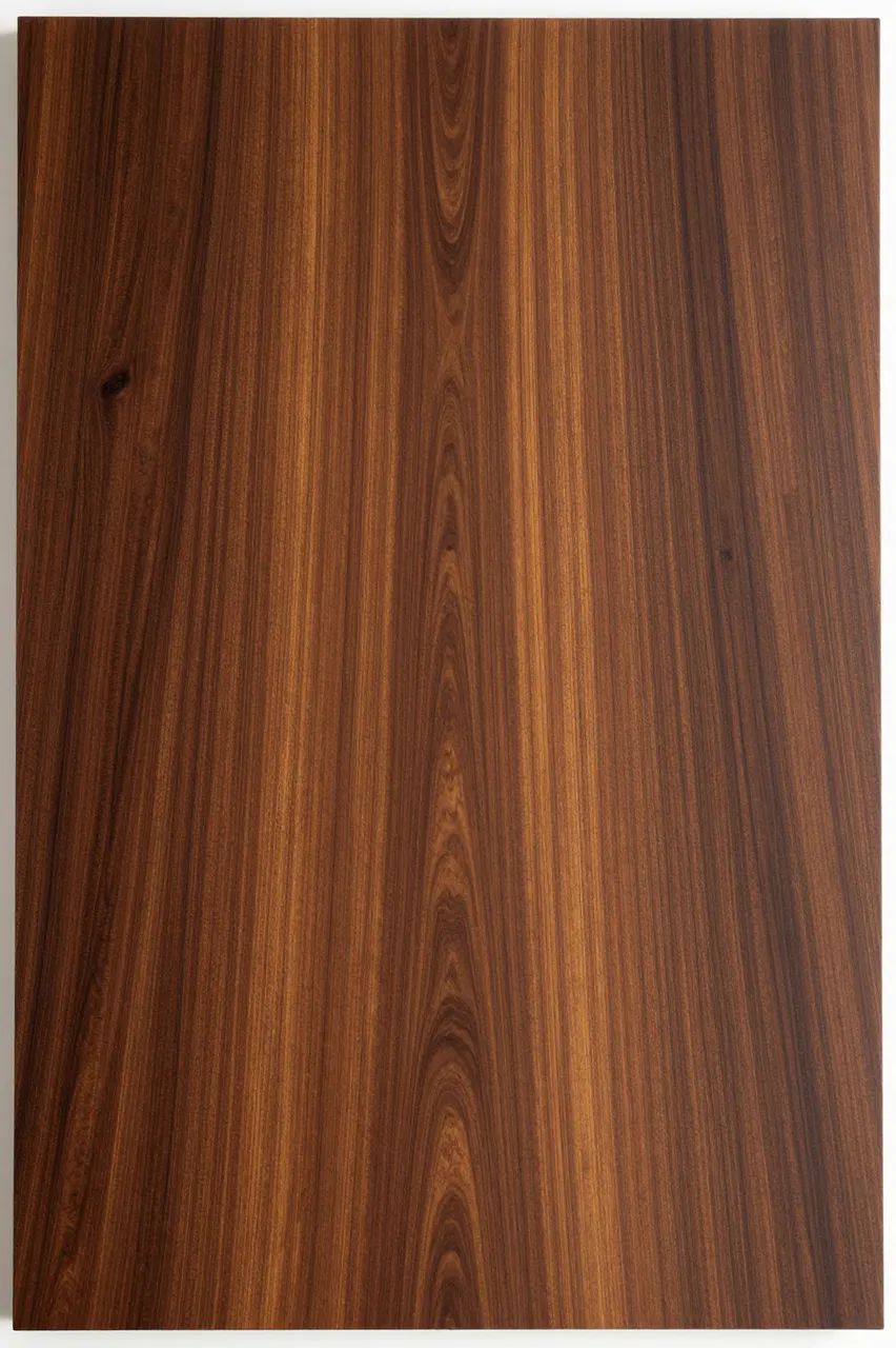 Full frame close-up of exotic hardwood with contrasting dark brown and golden vertical grain bands