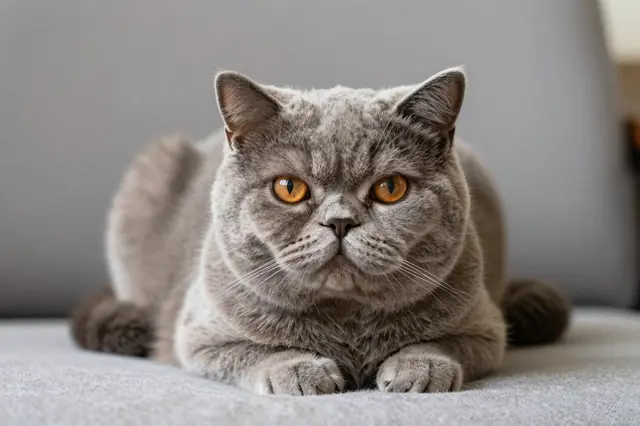 A round-faced gray exotic shorthair cat with orange eyes lies calmly on a soft gray fabric cushion.