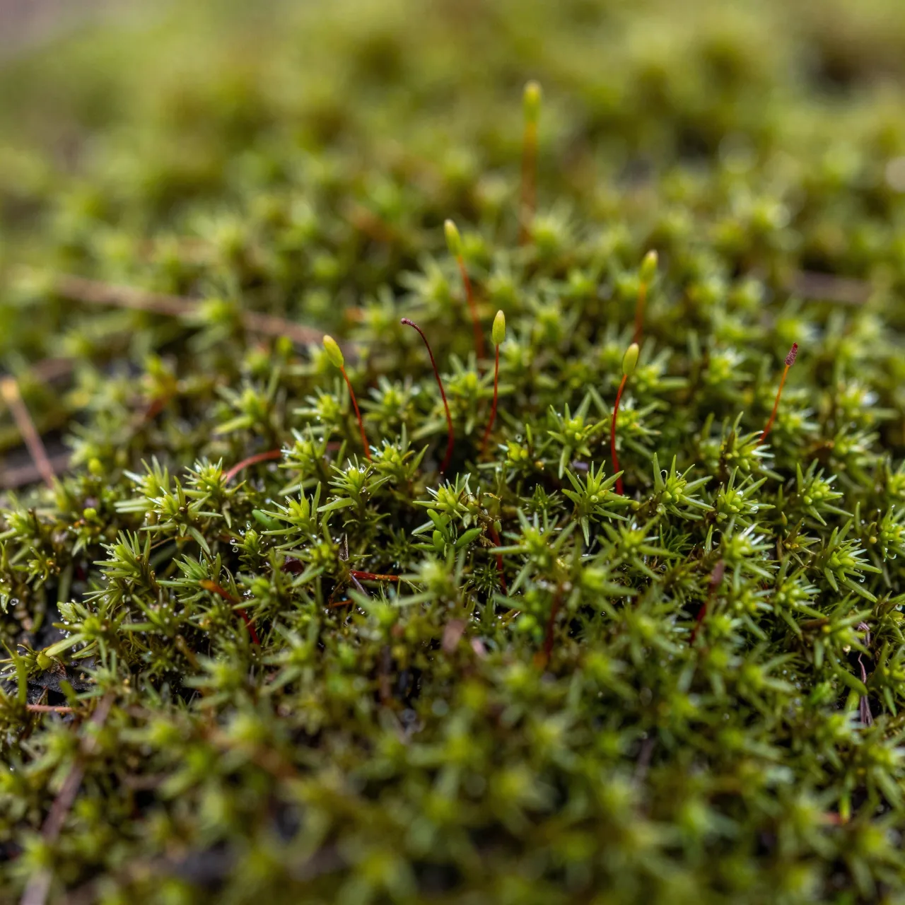 Sharp close-up of green moss with thin red spore stalks set against soft blurred background