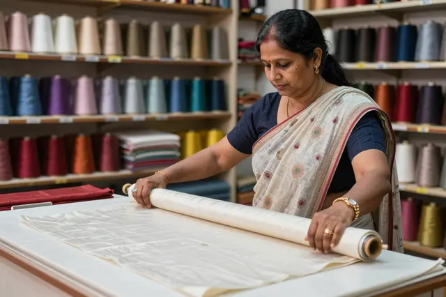 South Asian woman in a sari unrolls a silk bolt on a cutting counter inside her fabric shop