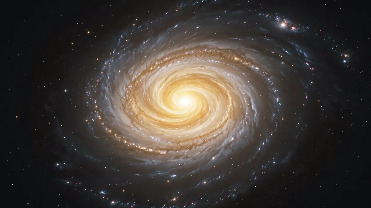 A face-on spiral galaxy with a bright glowing golden core set against a dark star-filled deep space background