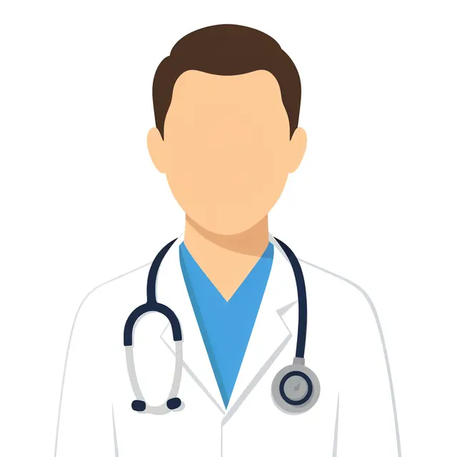 Flat vector illustration of a faceless doctor wearing a lab coat and stethoscope against a plain white background
