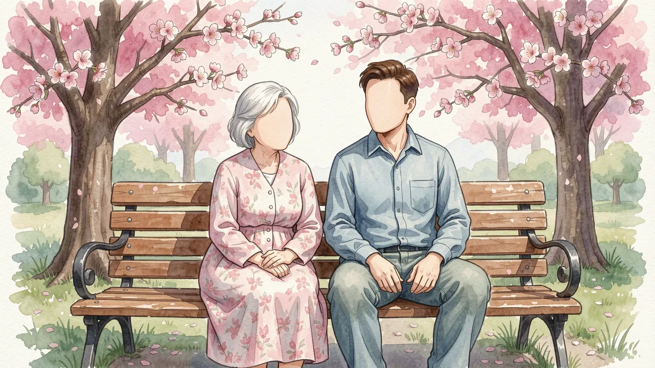 Watercolor illustration of an elderly faceless mother and adult son sitting on a park bench under blooming cherry blossom