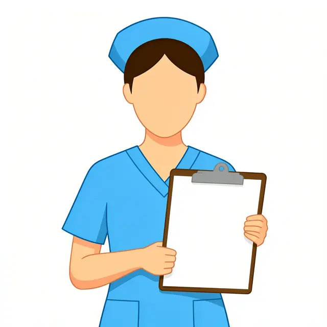 Flat illustration of a faceless nurse in blue scrubs holding a blank clipboard against a plain white background