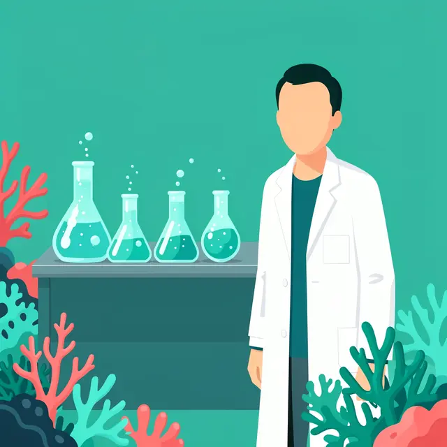 A faceless scientist in a lab coat stands beside a bench of bubbling flasks framed by coral foliage in a teal palette.