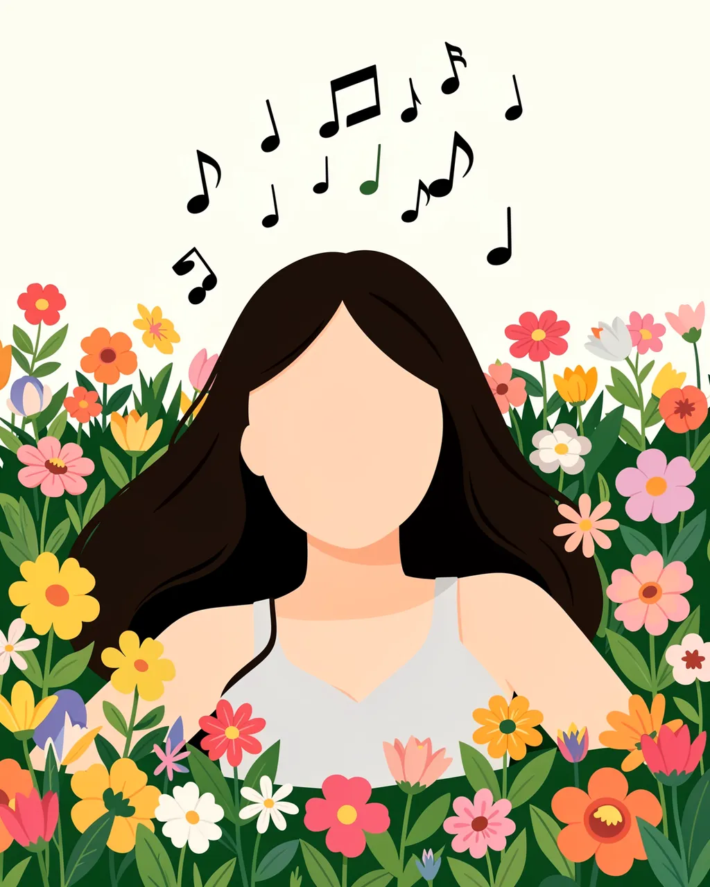 A faceless woman rests among colorful flowers with music notes floating above her