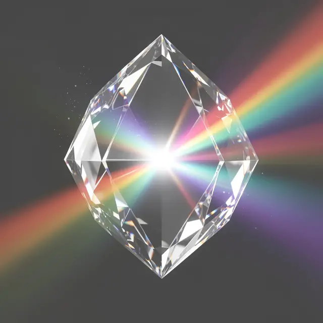 A faceted clear crystal refracts white light into rainbow color beams against a dark gray background