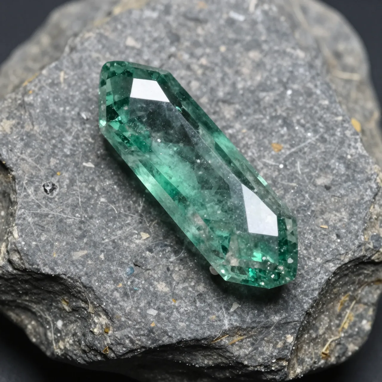 A faceted green emerald crystal rests on a rough gray unpolished rock surface in macro view