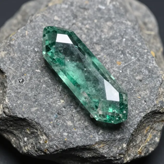 A faceted green emerald crystal rests on a rough gray unpolished rock surface in macro view