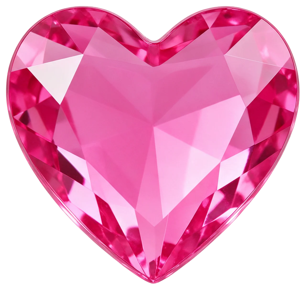 Glossy faceted hot pink crystal heart gem viewed straight on from the front