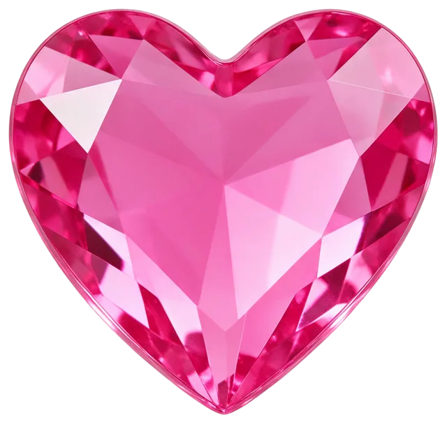 Glossy faceted hot pink crystal heart gem viewed straight on from the front