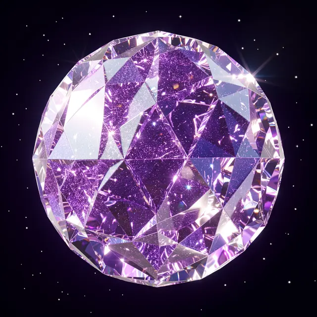 Glittering faceted violet and clear crystal planet floats against a dark starry space background