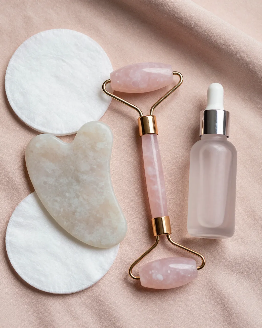 Skincare tools including gua sha, rose quartz roller, cotton pads and serum bottle rest on blush silk fabric