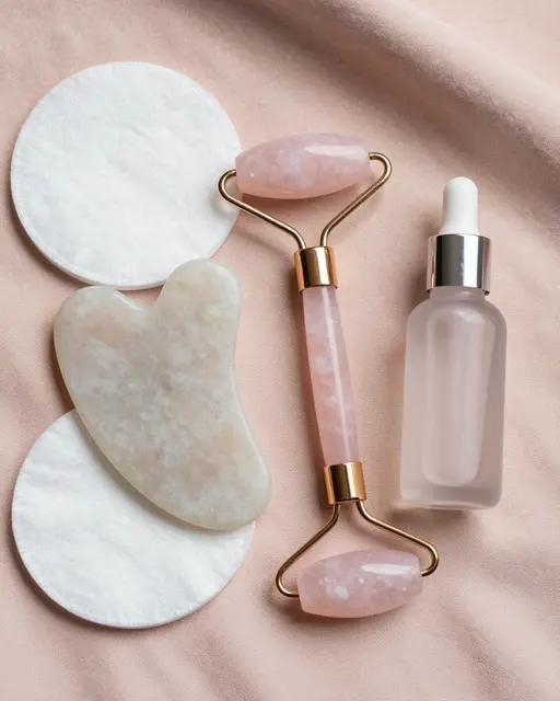 Skincare tools including gua sha, rose quartz roller, cotton pads and serum bottle rest on blush silk fabric