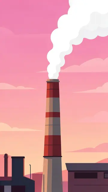 Tall striped factory chimney emits white steam against a gradient pink dawn sky with low industrial buildings.