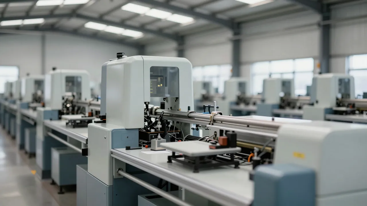 Rows of industrial manufacturing machines line a bright modern factory interior