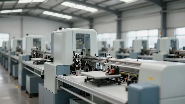 Rows of industrial manufacturing machines line a bright modern factory interior