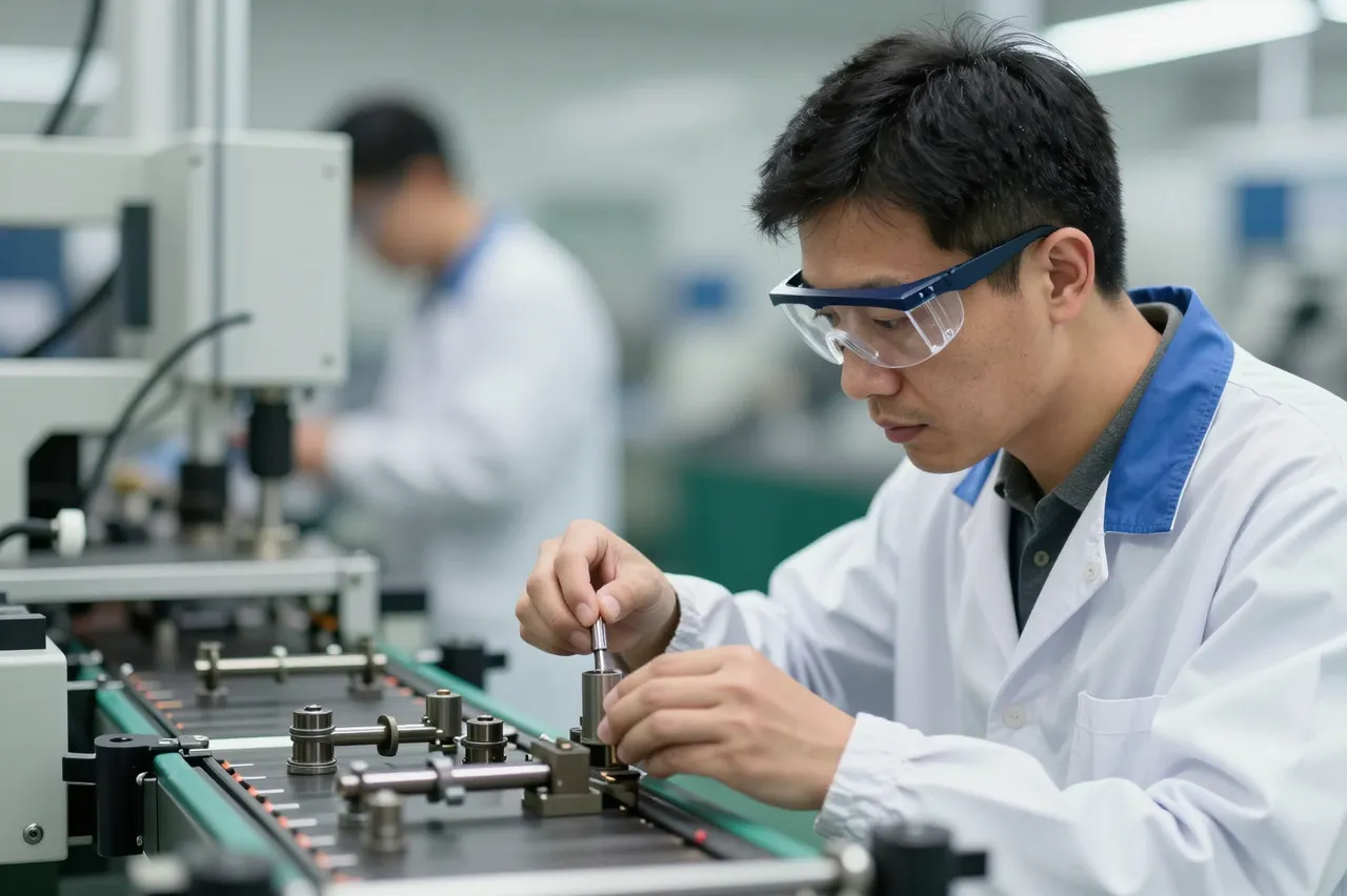 A male factory worker in safety glasses inspects mechanical parts on a production conveyor in a factory