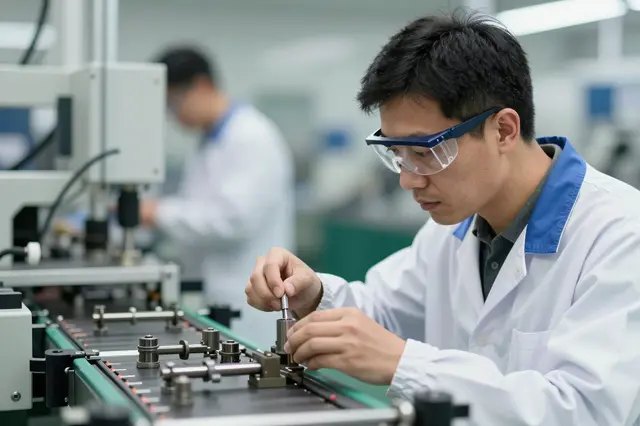 A male factory worker in safety glasses inspects mechanical parts on a production conveyor in a factory