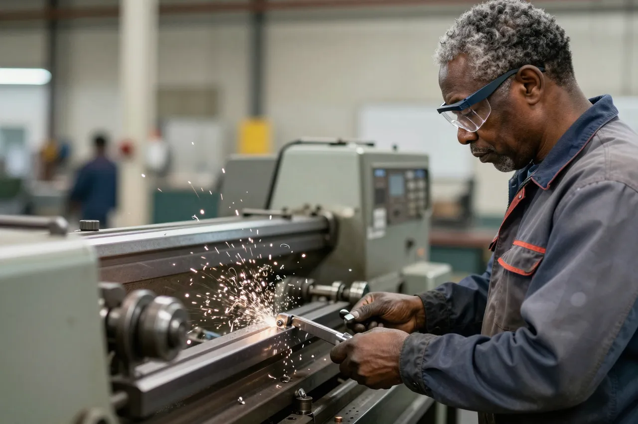 A senior Black factory worker wearing safety glasses operates a metal lathe as sparks fly from the workpiece in a workshop.