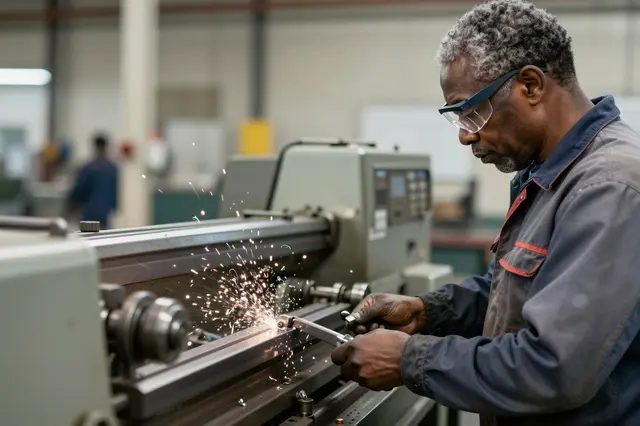 A senior Black factory worker wearing safety glasses operates a metal lathe as sparks fly from the workpiece in a workshop.