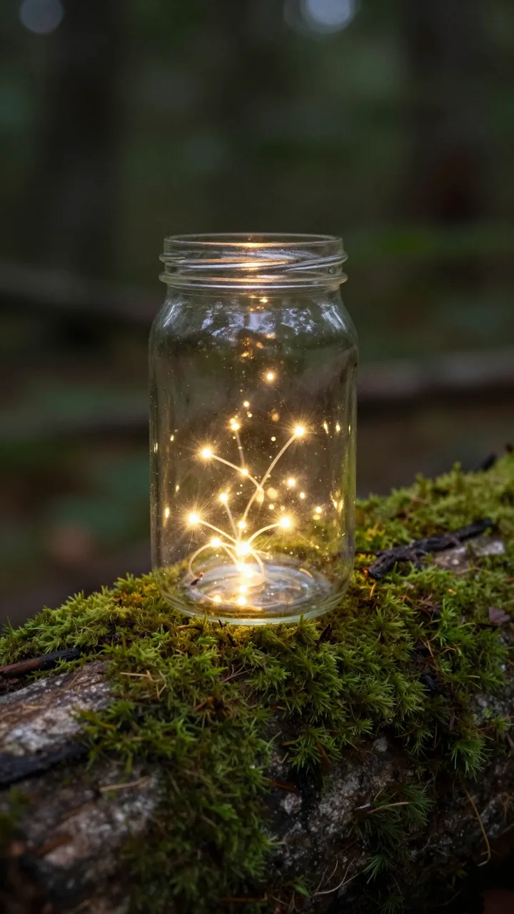 A glass jar holding warm glowing fairy lights sits on a mossy log in a dark blurred forest.
