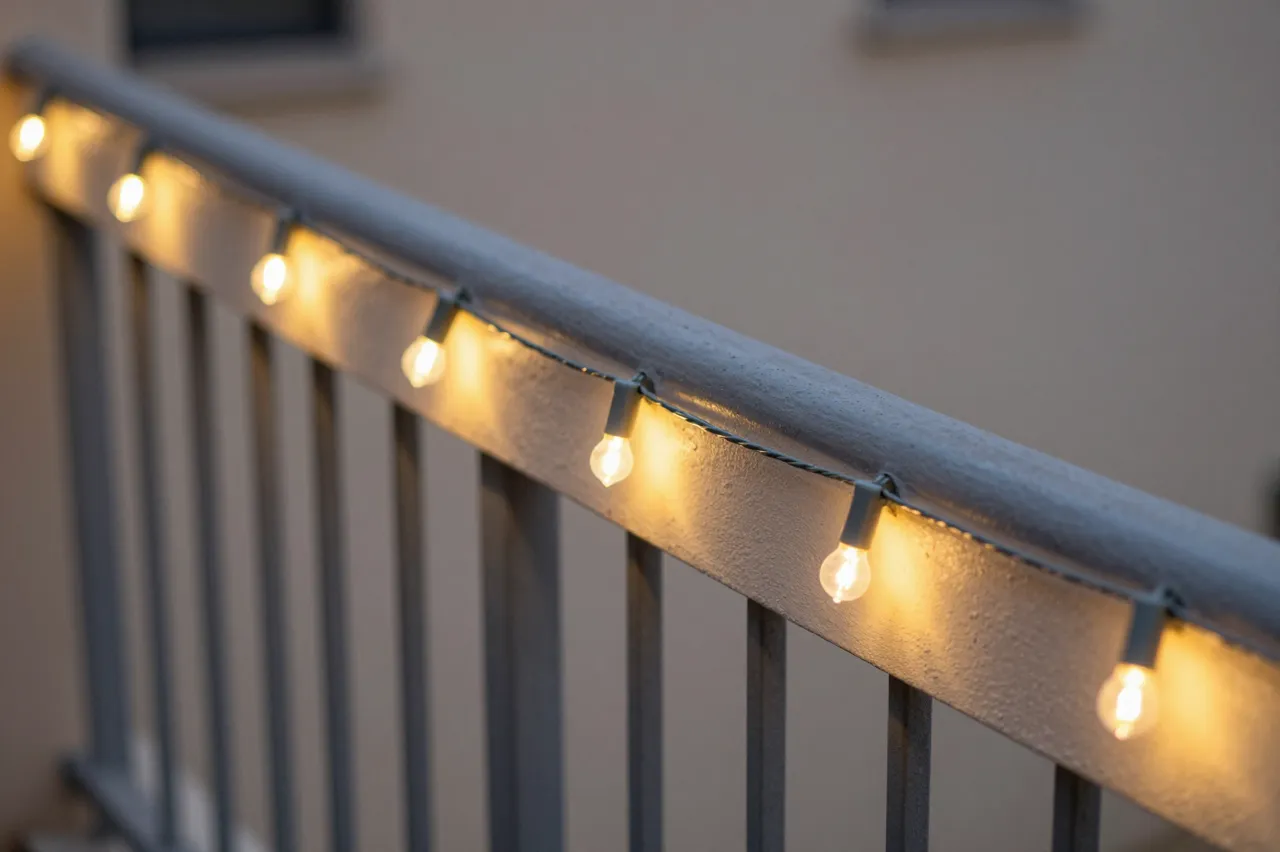 Warm glowing string lights are strung along a gray metal balcony railing at dusk