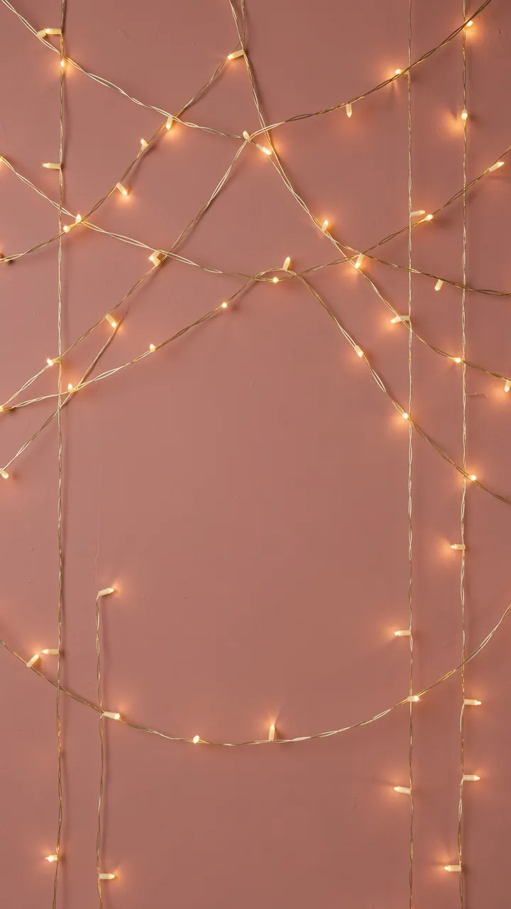 Warm golden fairy lights drape in loops over a dusty rose wall with blank central copy space