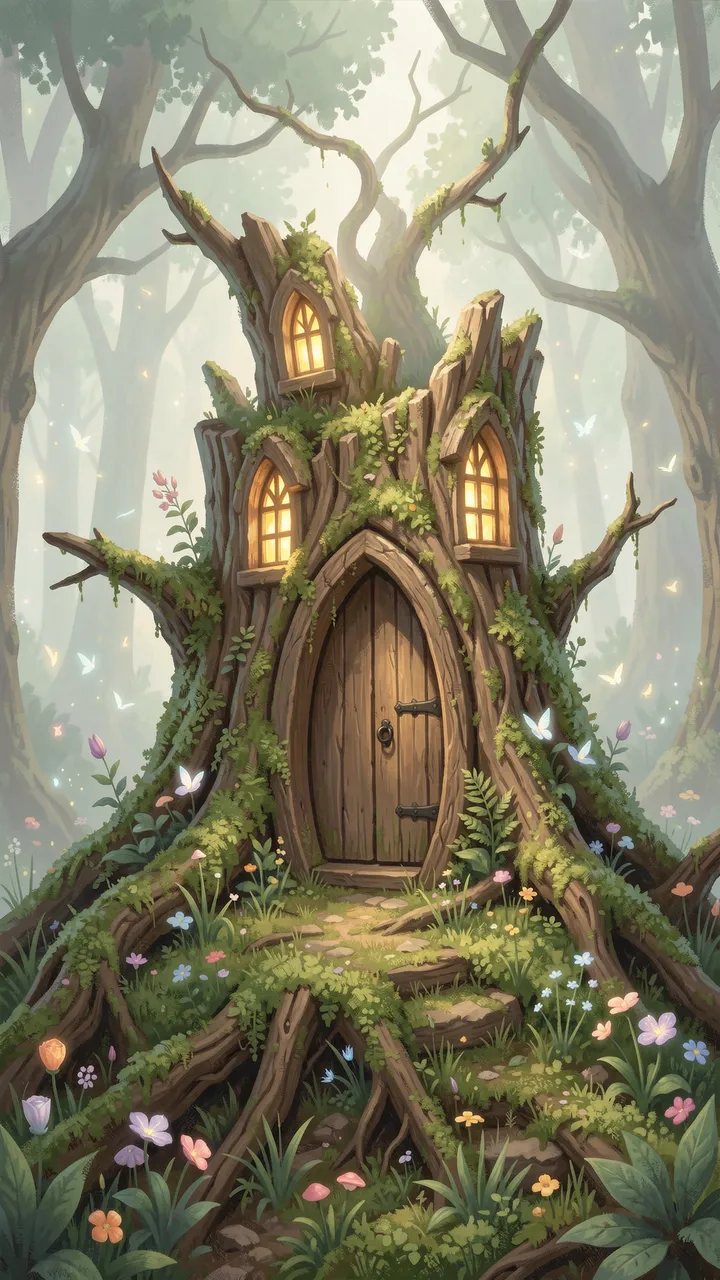 A carved mossy tree stump cottage with glowing windows sits in a misty sunlit forest clearing