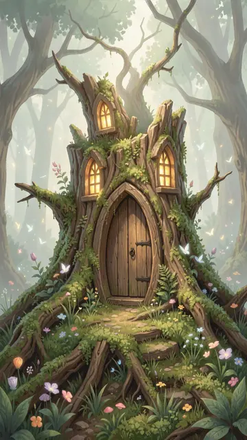 A carved mossy tree stump cottage with glowing windows sits in a misty sunlit forest clearing