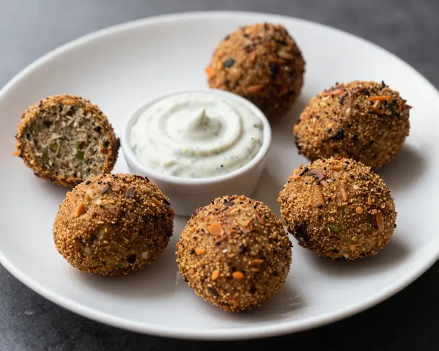 Crispy seasoned falafel balls surrounding a small ramekin of herb tahini sauce on a white plate