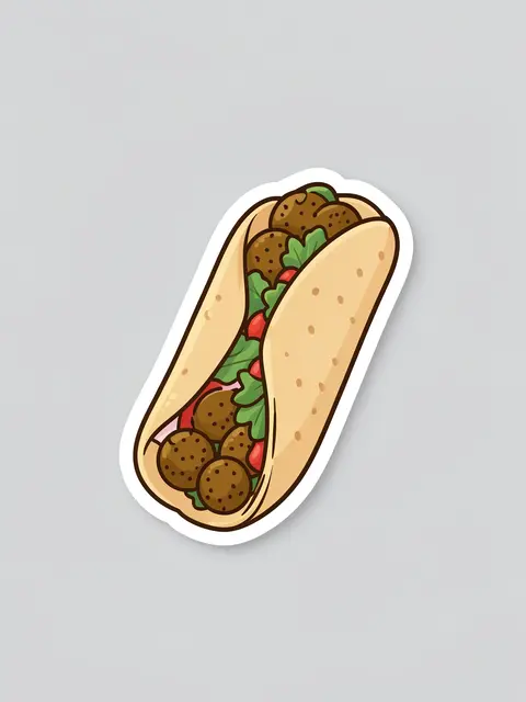Cute flat illustration of a falafel pita die-cut sticker on a plain light gray background