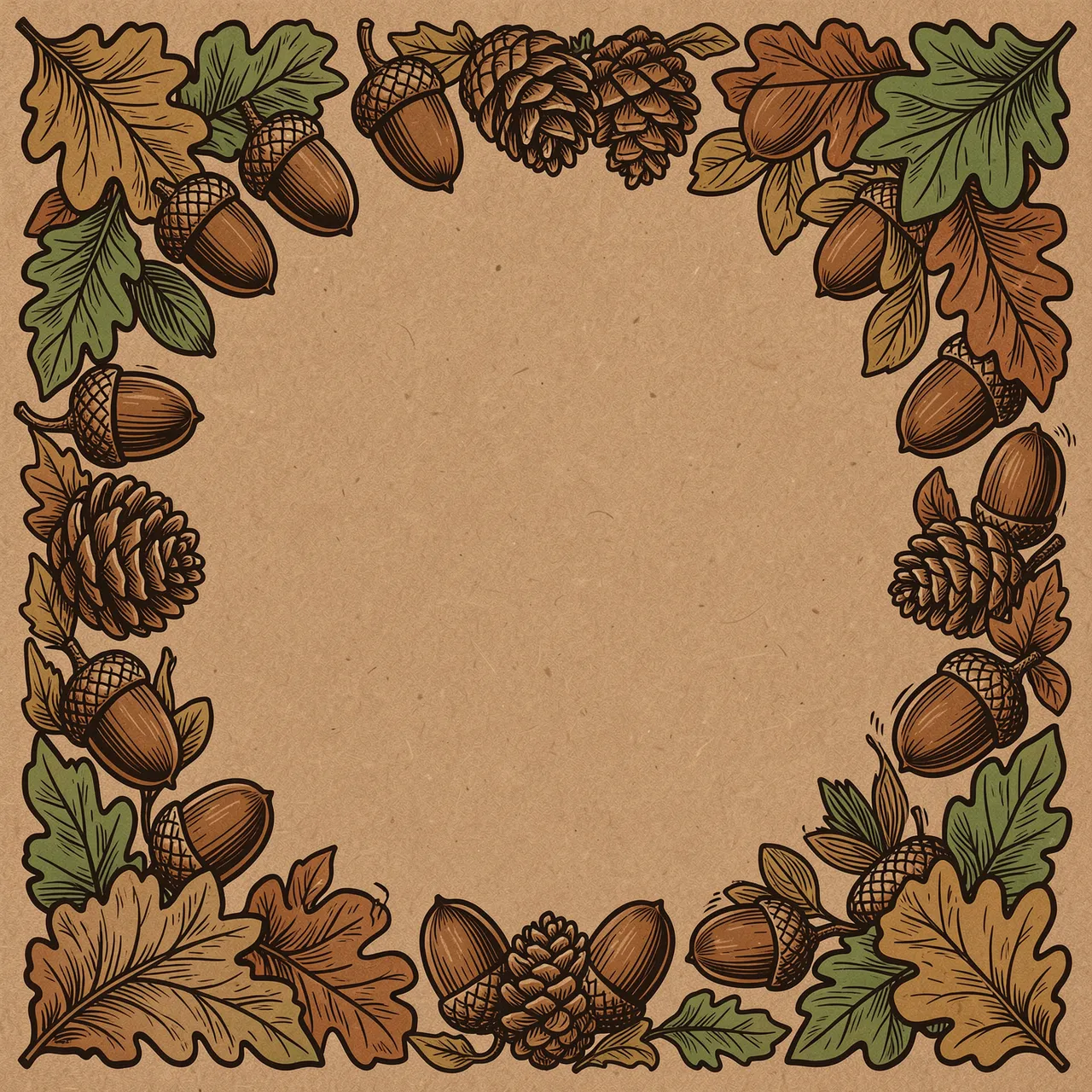Linocut style fall border of acorns, pinecones and oak leaves around empty kraft brown copy space