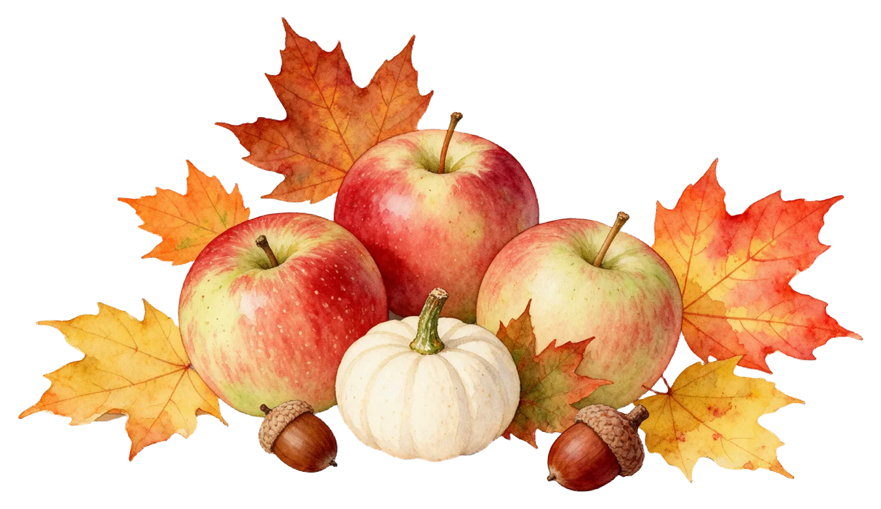 Watercolor illustration of three apples, a small white pumpkin, acorns, and autumn maple leaves arranged together