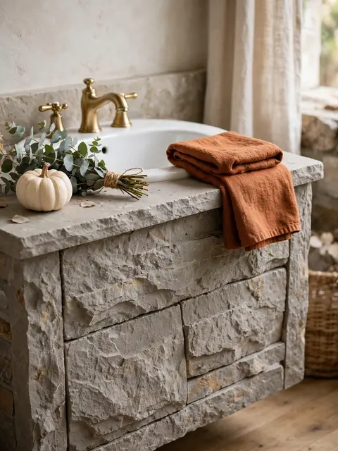 Chunky stone bathroom vanity styled with a mini white pumpkin, eucalyptus bundle, and folded rust linen towel for fall
