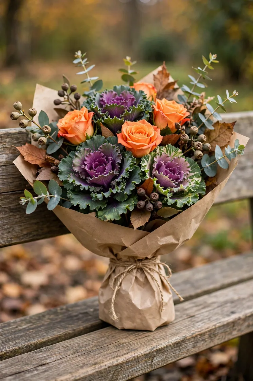 Autumn bouquet of orange roses and ornamental kale wrapped in kraft paper rests on a weathered wooden park bench