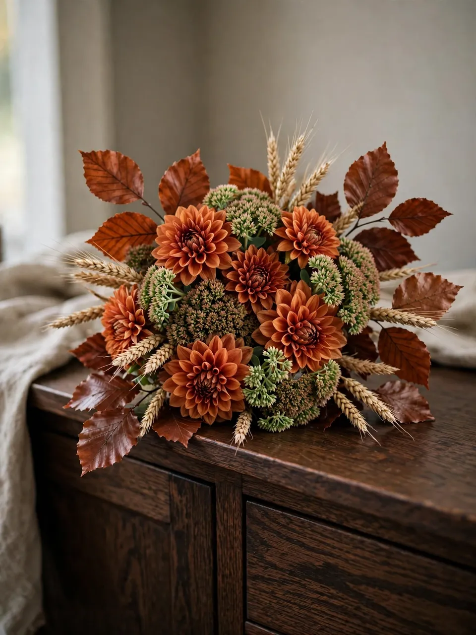 Autumn bridal bouquet of rust dahlias, beech leaves, sedum and wheat rests on a dark oak sideboard