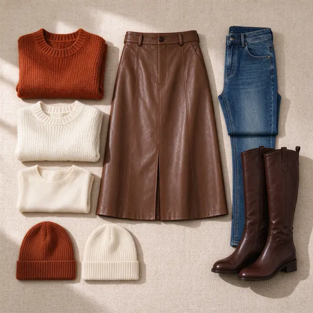 Overhead flat lay of folded fall clothing arranged on a neutral linen fabric surface