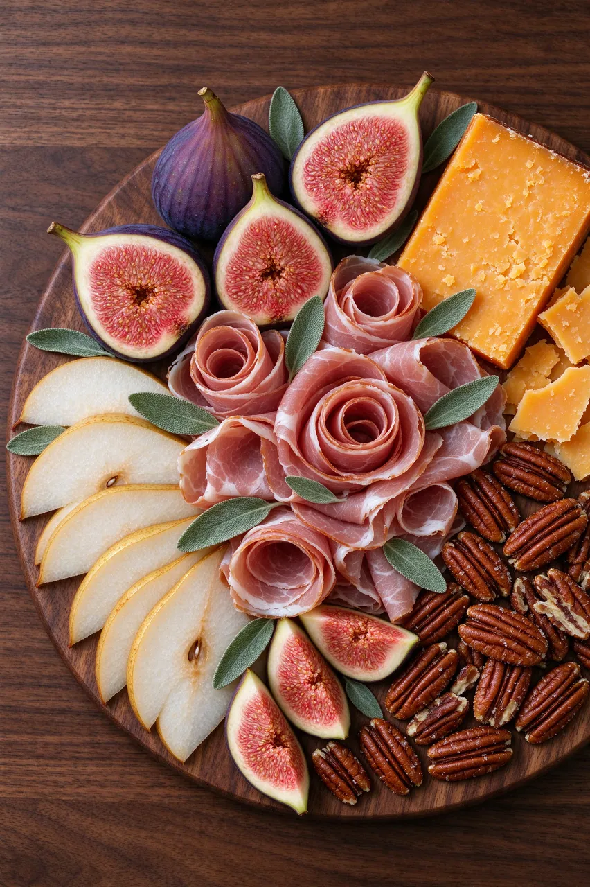 Overhead view of a dark walnut charcuterie board arranged with pears, figs, cheddar, prosciutto, pecans and fresh sage.