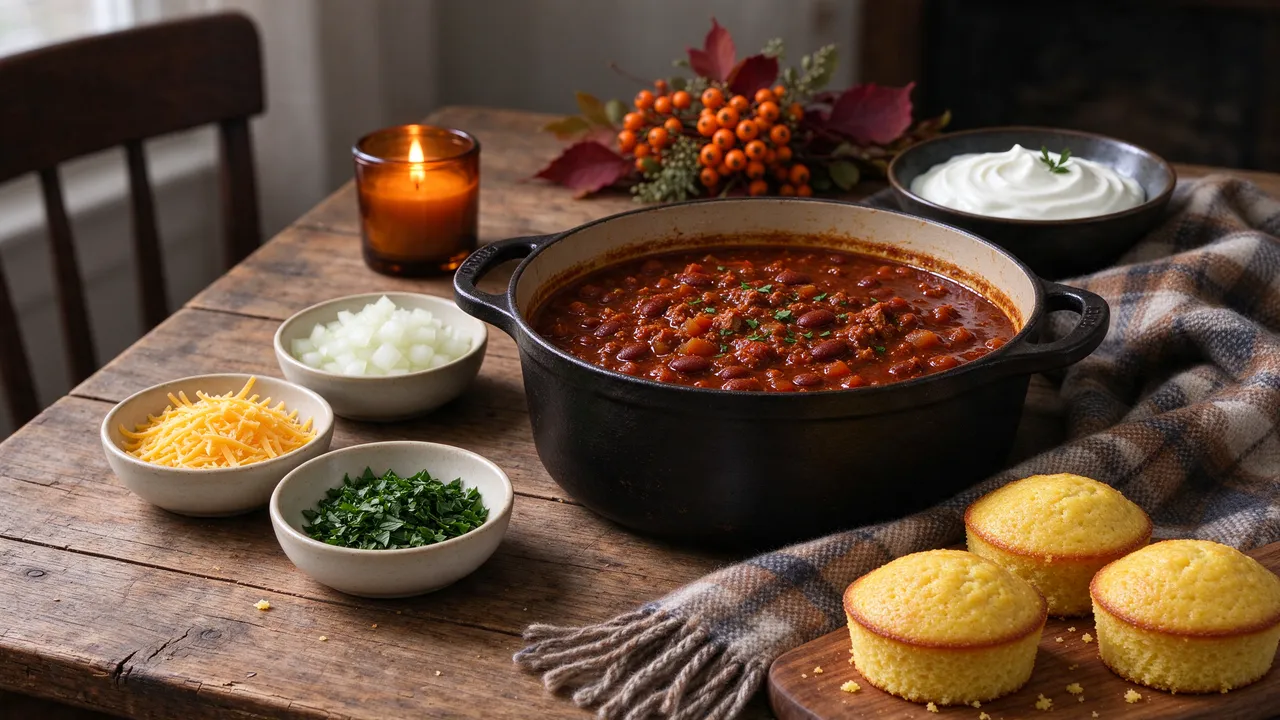 A cast iron pot of chili sits with topping bowls, cornbread muffins and a plaid throw on a rustic wooden table