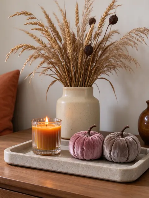 Lit beeswax candle, velvet pumpkins and dried grasses arranged on a stone tray atop a wooden table