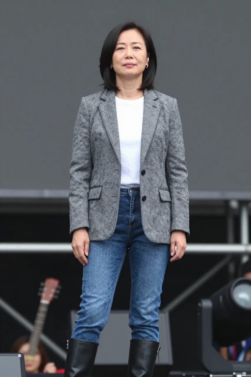 East Asian woman in her fifties stands on an outdoor concert stage in a gray blazer, white tee, jeans, and black boots