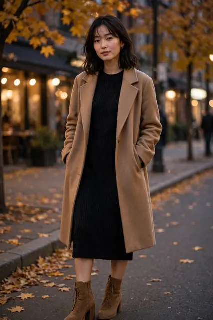 East Asian woman in a black knit dress, tan coat and tan boots stands on an autumn city street at dusk