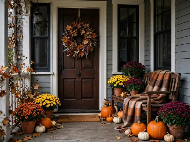 Cozy autumn front porch decorated with pumpkins, potted mums, a dried leaf wreath, and a plaid wool throw on a wooden bench