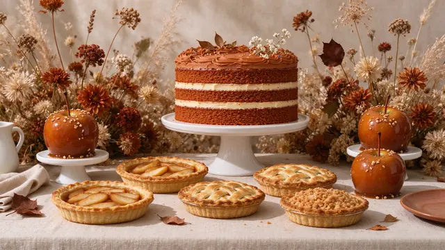 A spread of autumn desserts including a layer cake, mini pies and caramel apples arranged with dried flowers on a linen