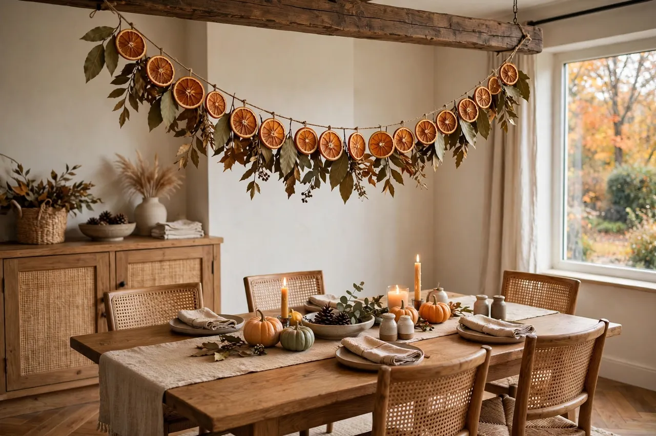 Cozy fall dining room with a hanging dried orange slice garland above a set wooden table