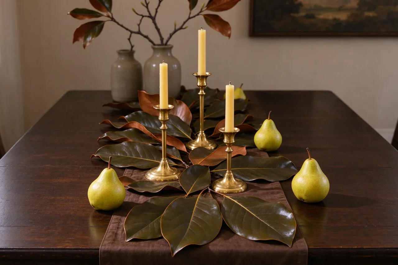 A wooden dining table displays an autumn centerpiece of magnolia leaves, brass candlesticks, and green pears.