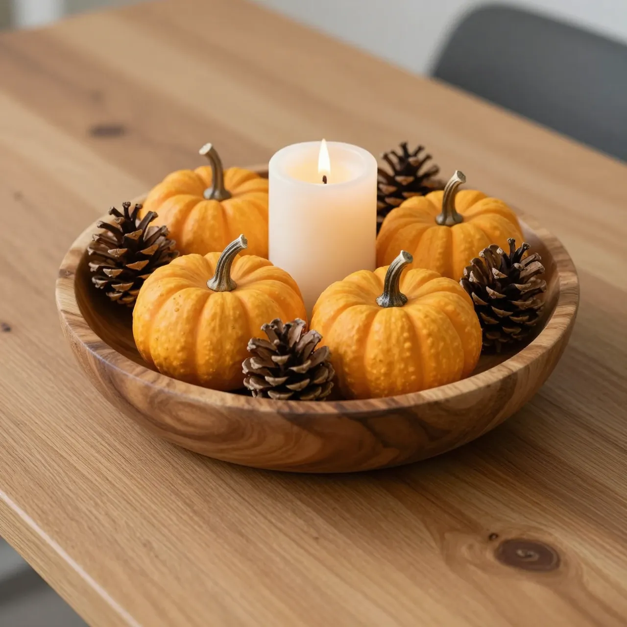 A wooden dough bowl holds mini pumpkins, pinecones, and a lit pillar candle on an oak table