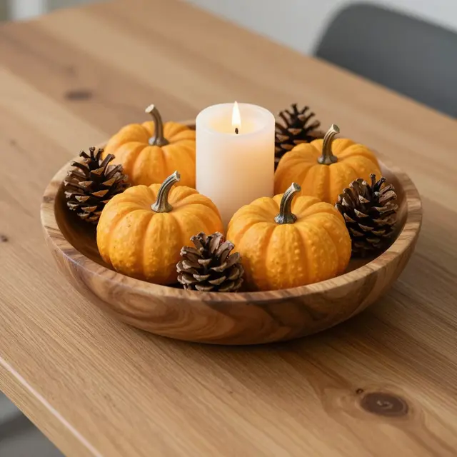 A wooden dough bowl holds mini pumpkins, pinecones, and a lit pillar candle on an oak table